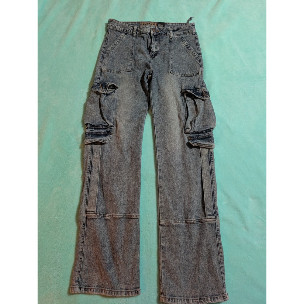V.I.P. Jeans Grunge Thrashed Cargo Pants Y2K Distressed Wide Leg Denim 11/12